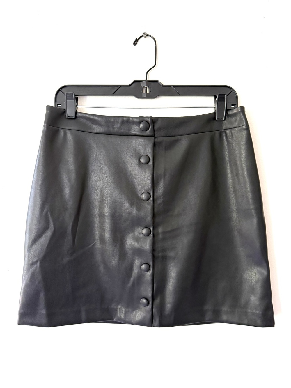 LOFT Black Faux Leather Button-Front Mini Skirt - Picture 4 of 12